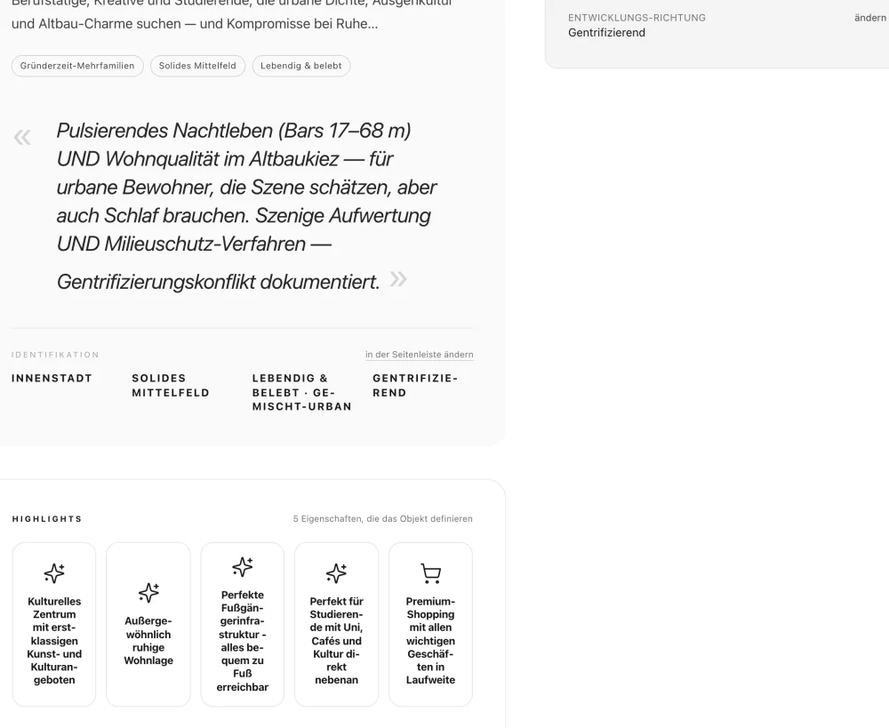 Die ausgewertete Lage mit Bewertungen und Quellen