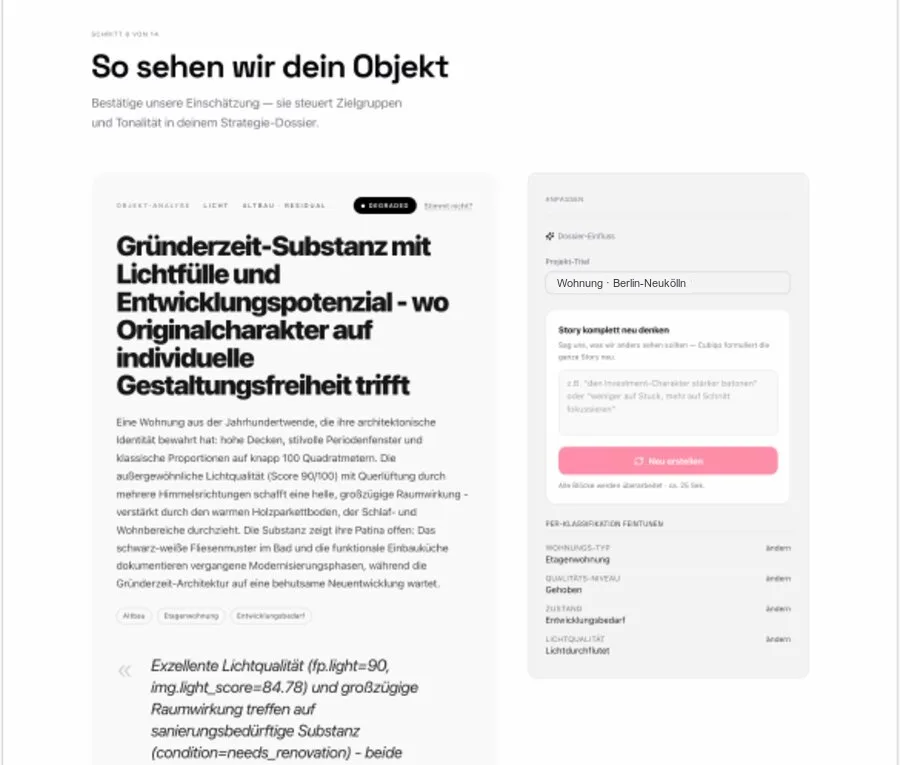 Datenblatt des Objekts: aus den hochgeladenen Unterlagen ausgelesene Eckdaten